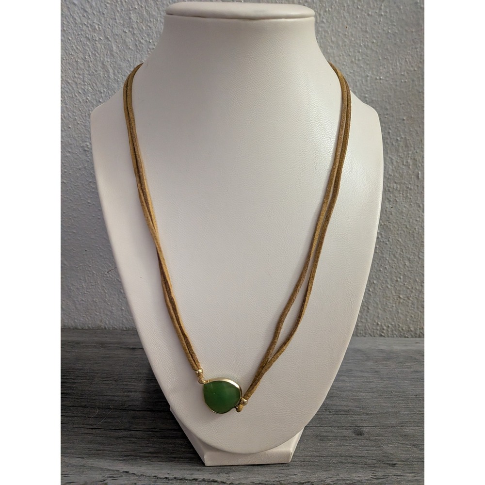 Green Stone Pendant Necklace Gold Tone Double Tan Suede Cord Boho Adjustable